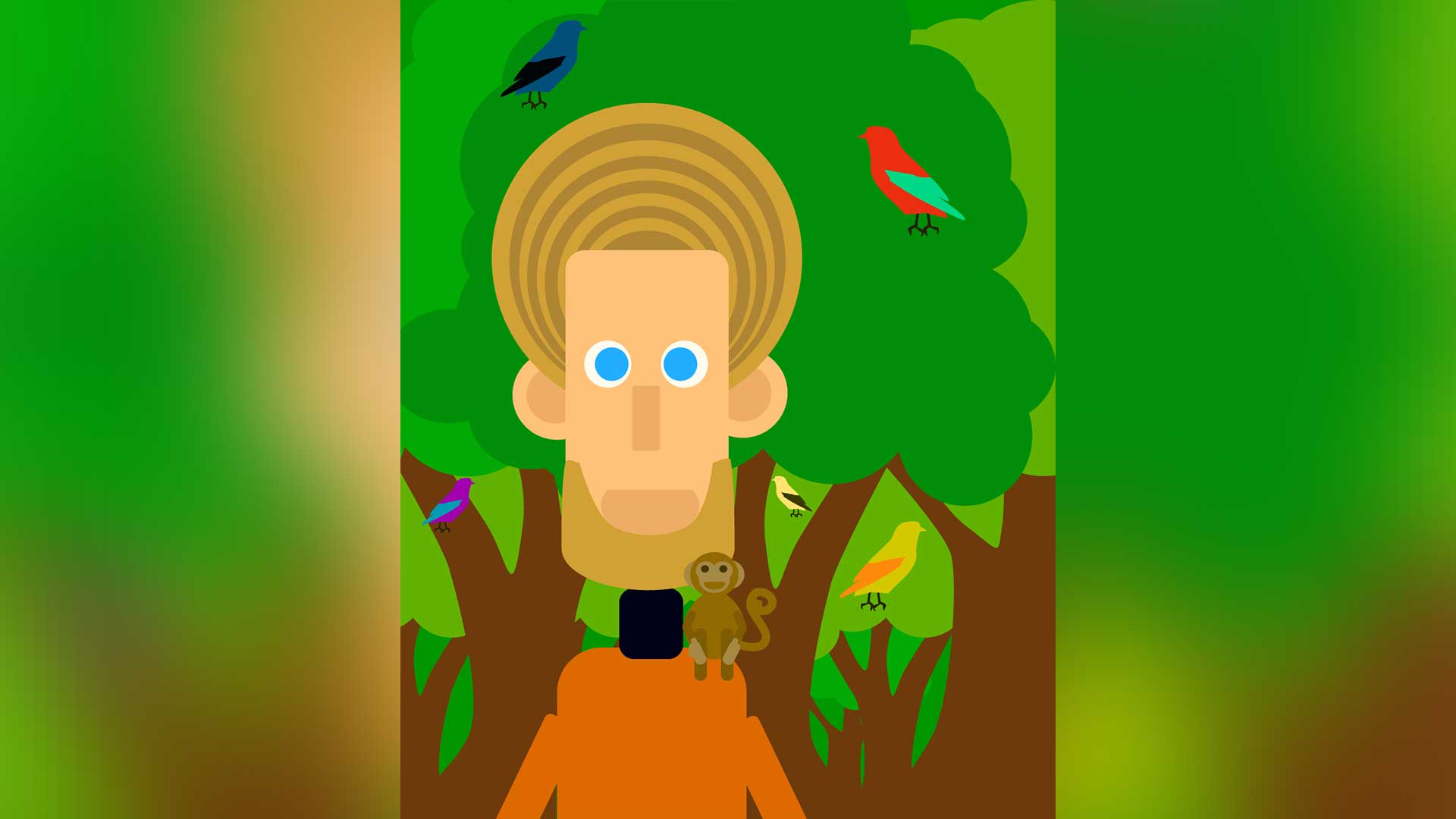 illustration with man, monkey and birds